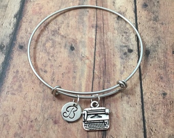 Typewriter initial bangle - typewriter jewelry, gift for writer, typist jewelry, writer jewelry, journalist bangle, typewriter bracelet