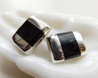 Taxco Mexico TC - 257 Sterling Silver 925 Black Onyx Inlaid Heavy Clip On Earrings Inlay