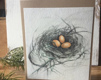 Handmade Art Card Birds Nest With Yellow Eggs Printed on Watercolor Paper