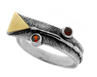 Silver and Gold ring, Red CZ Ring, Womens silver ring, Unique silver ring, handmade