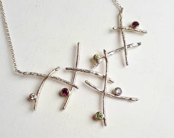 Silver Branches Gemstone Necklace - Garnet, Peridot, White Sapphire - Silver and 14kt Gold - Rustic Nature Inspired - One of A Kind