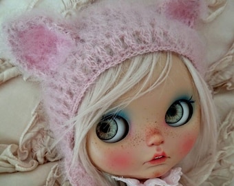 Blythe hat cat pink mohair blythe helmet knitted hat for Blythe doll blythe clothes blythe outfit beanie handmade