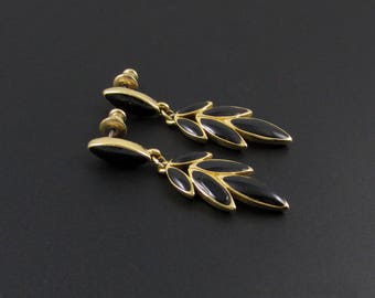 Trifari Leaf Earrings, Black Earrings, Gold Earrings, Leaf Earrings, Black Enamel Earrings, Trifari Earrings