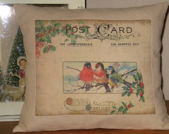 Christmas Pillow - Vintage Christmas Birds Postcard Pillow
