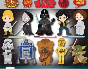 80% OFF STAR WARS Digital Clipart, Darth Vader, Luke Skywalker, Han Solo, R2-D2, Yoda, Princess Leia, Chewbacca, Space Characters