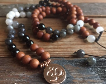 Moon Phased | Sandalwood, Moonstone, Labradorite + Rose Gold Vermeil Om Mala | 108 Bead | Partially Handknotted | Spiritual Junkies | Yoga