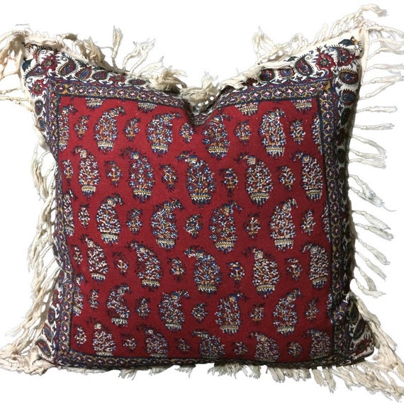 Hand block printed Red paisley Pillow, 16 inches decorative pillows , natural dyes cotton and linen Cushion, textile art