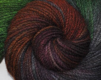 Handspun yarn - Hand painted domestic wool, heavy worsted weight, 190 yards - Unresolved
