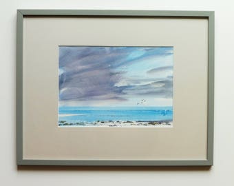 BEACH RHOSCOLYN, ANGLESEY, September 2104. Original Watercolour Landscape Painting. Framed.