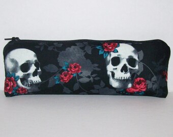Pipe Pouch, Skull Rose Bag, Pipe Case, Pipe Bag, Padded Pipe Pouch, Skulls Purse, Vape Pen Bag, Goth Pouch, Padded Zipper Bag - 7.5" LARGE