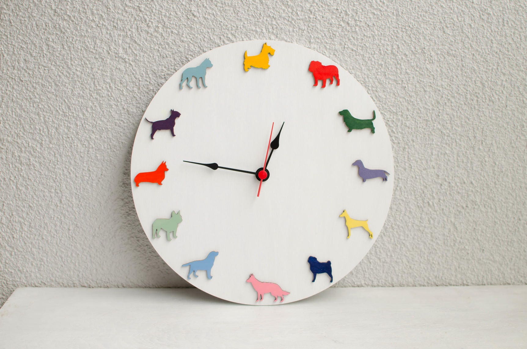 Dog Animal White Clock Wall wood colorfull dogs different
