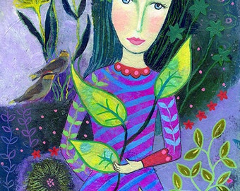 Demeter, original mixed media painting on paper, 10 x 7ins. birds, nature,