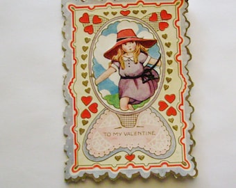 Vintage Valentine's Day Card Whitney Made little girl in red hat ephemera