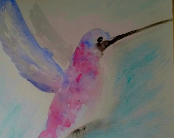 Original Abstract Watercolor Hummingbird Painting Wall Decor Office,Business