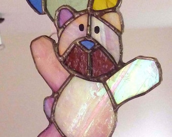 Pink Bear with Coloured Balloons, stained glass light catcher