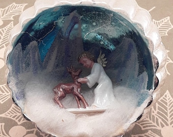Vintage Angel and Fawn Glass Diorama Christmas Ornament, Silver and Blue with Mica Mountains and Stars, 1950's West Germany, Spun Cotton