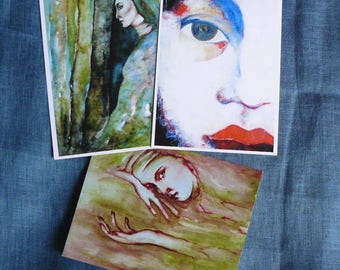color postcards-forest green feminine face paintings watercolors