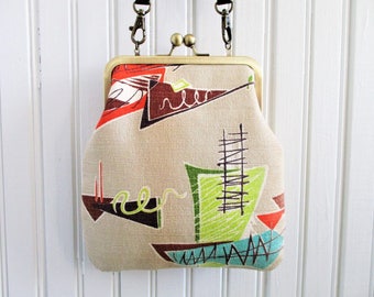 Chartreuse Orange Brown on Tan Ground Atomic Vintage Barkcloth Fabric 6" Antique Brass Kisslock Frame Crossbody Shoulder Bag Purse