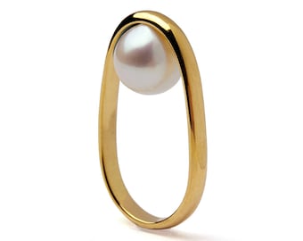 OVERTURN 14k Gold Pearl Ring, Gold Pearl Engagement Ring, Unique Pearl Ring, Modern Geometric Pearl Ring, Minimalist Gold Ring