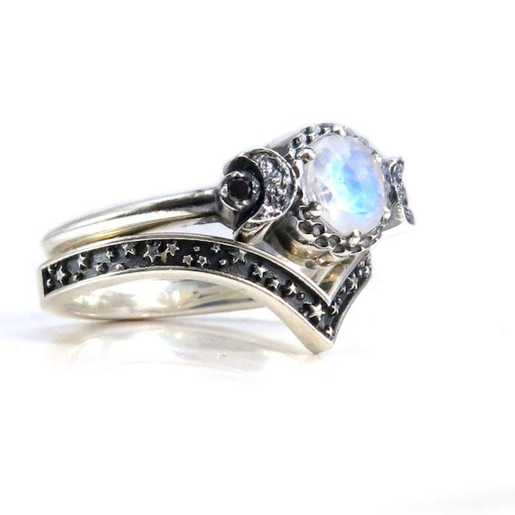 Moonstone Moon and Stars Sterling Silver Engagement Moon Ring Set with Black or White Diamonds