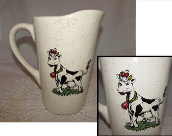 Vintage Ceramic Milk Juice Water Pitcher with Cute Winking Bessie Cow Transfer on each side, 70s, Speckled glaze, tableware, serving
