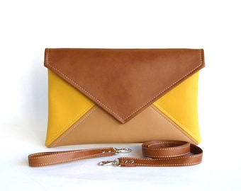 Envelope Clutch Wristlet Mothers Day Gift For Mom Brown Crossbody Bag Yellow Clutch Purse Vegan Leather Bag Evening Bag Bridesmaid Clutch