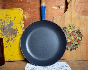Vintage Blue Le Creuset Cast Iron Enamel Cookware Skillet Frying Pan with Wooden Handle Enamelware France French Cookware 26