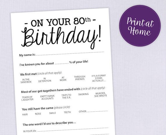 80th Birthday Party Game Card Funny Milestone Printable PDF