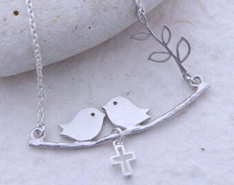 Silver Lovebirds Necklace, Family Birds Necklace, Choose charm Baby bird. Birds Necklace, Birds on Branch Necklace . Birds Jewelry.