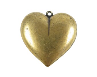 Huge Vintage Antiqued Brass Puffy Heart Pendants (4x) (V383)