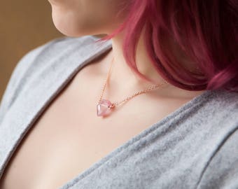 Pink Crystal Necklace, Small Angel Aura Quartz Necklace, Cute Crystal Necklace, Gift for Teen Girls, Small Crystal Pendant