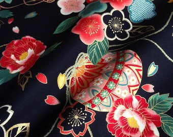 Japanese fabric, traditional Temari and flowers, black background, cotton 110 x 50 (004C)