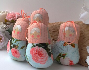 Babushka ornament, matryoshka dolls, 5 dolls set. Roses & pastel palette. Soft colours decor. Nice gift for anybody. Nursery and Home decor