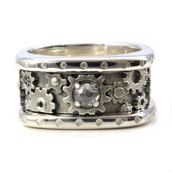 Ready to Ship Size 6.5-7 - Stacking Square Steampunk Gear Ring with Sandblasted Center & Rose Cut Grey Diamond - Sterling Silver Engagement