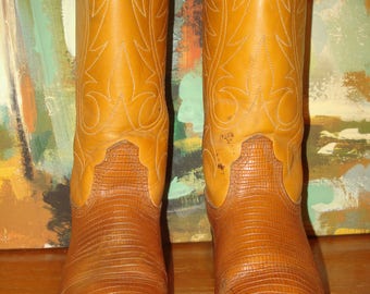 Acme Lizard Grain on Cowhide Cowboy Boots Size 4 B Two Tone Brown