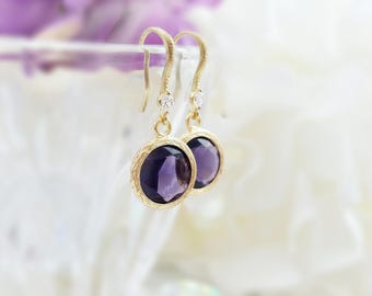 Gold Amethyst Earrings - Purple Crystal Earrings - CZ Drop Earring - Purple Dangle Earring - Purple Birthstone Jewelry Purple Earrings E2553