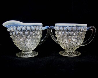 Opalescent Moonstone Hobnail Glass Sugar and Creamer Set