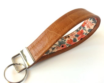 Vegan Keychain, Boho Keychain, Faux Leather Keychain, Floral Print, Key Holder, Wrist Strap