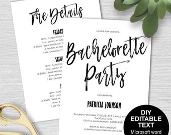 Bachelorette party invites, Bachelorette invitation, Bachelorette party invitation template, Bachelorette itinerary, DIY, printable,modern