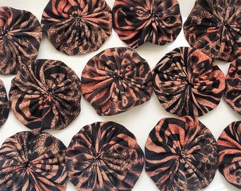 eco friendly polyester satin orange black and brown animal print 2inch fabric yoyos--matching lot of 13--ready to ship