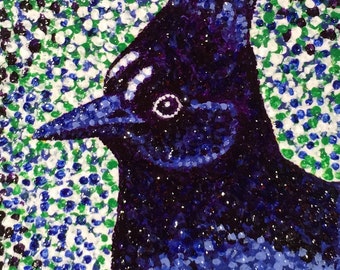 Stellar's Jay Bird ACEO ORIGINAL Pointillist Acrylic Painting in Frame