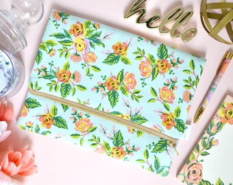Oversized Clutch, Mint Fold Over Clutch Purse, Bridesmaid Clutch, Light Blue Handbag, Rifle Paper Clutch Floral Foldover Clutch Gift for Her