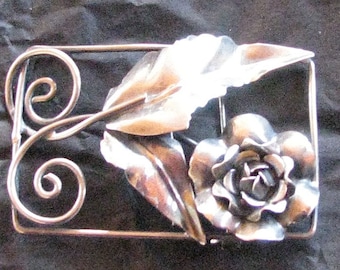 Vintage Rose Brooch in Rectangular Frame signed Sterling