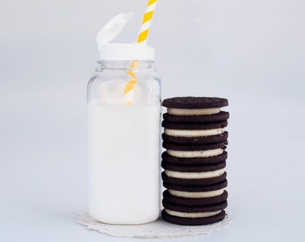 5 or 20 More, Milk Bottles, Plastic Milk Bottles, French Square Milk Bottles, Milk Bottles, Lids with holes for straws FL001