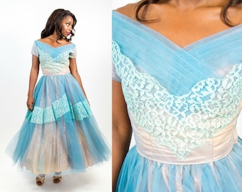 1950s Blue and Peach Party Tulle and Lace Dream Party Dress - XS