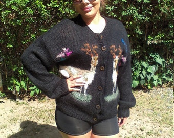 Reindeer cardigan sweater,black,tan,green,large