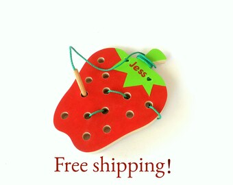 Second birthday gift, Sewing toy - Strawberry, Motor skills toy, Educational toy, Toddler toy, Personalized Wooden Toy, free shipping