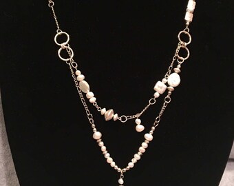 Long White Pearl and Silver Necklace