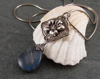 Labradorite necklace, handmade eco friendly fine silver and gemstone flower necklace-OOAK