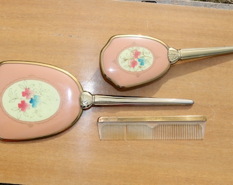 Vintage Vanity Dresser Set Mirror Brush and Comb Floral Art Deco Design 1940s